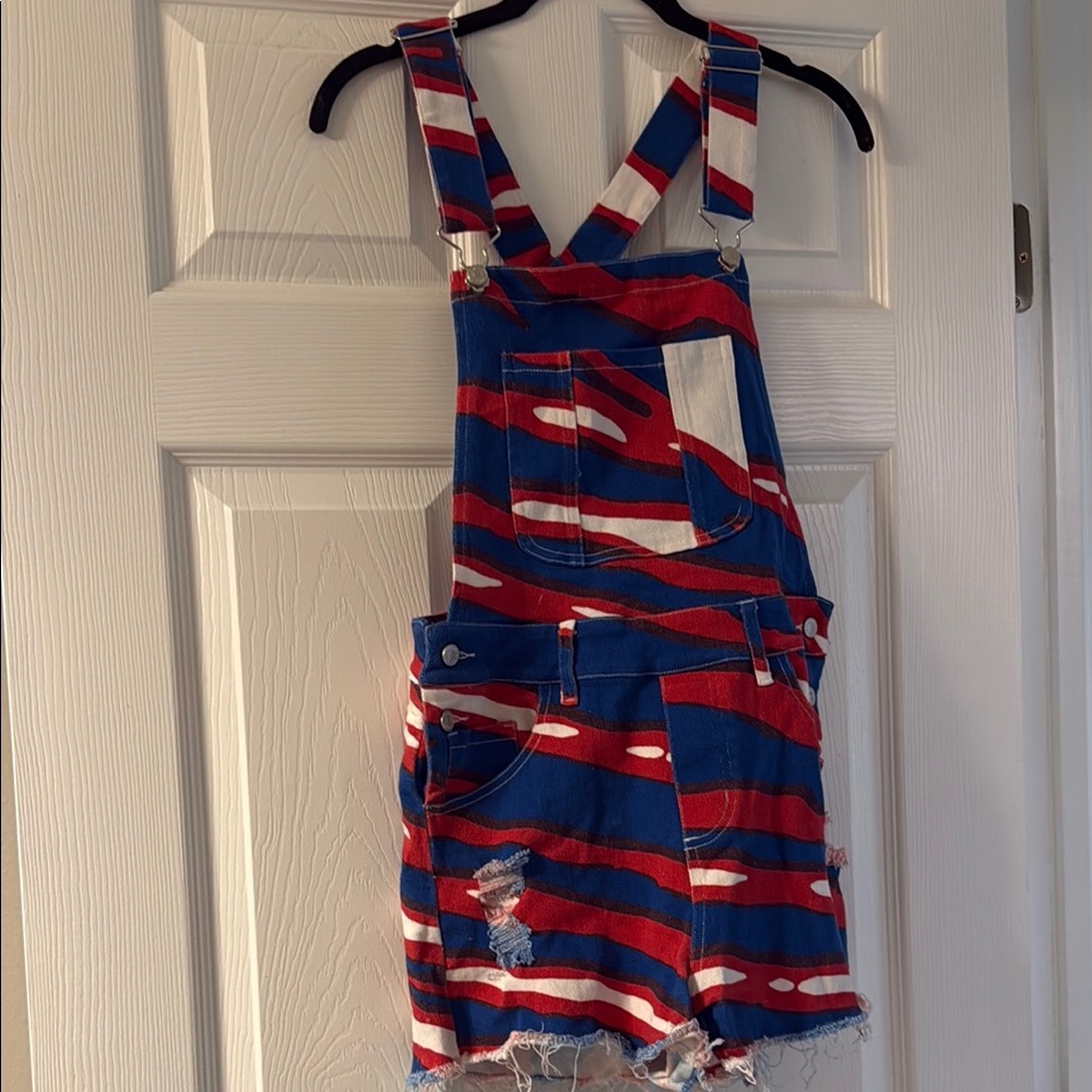 Leveled Up Buffalo Bills Red and Blue Striped Denim Overalls